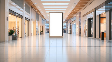 Obraz premium A blank advertising billboard stands in the center of a modern shopping mall hallway with stores around it