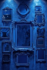 A wall of blue framed mirrors