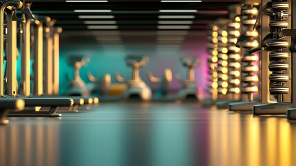 Modern gym interior with sleek equipment, colorful walls, and shiny floors.  Focus on rows of fitness machines