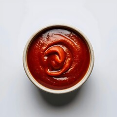 Tomato Ketchup: A close-up studio shot showcases a small bowl filled with rich, vibrant red ketchup, with the texture meticulously detailed to evoke hunger.