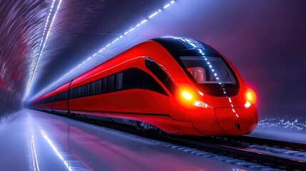 Obraz premium Futuristic Red High-Speed Train Emerging from a Tunnel