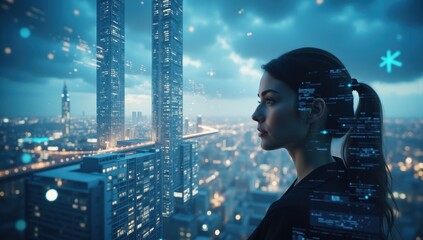 Portrait of a Female Project Manager with Smart City View and Overlays