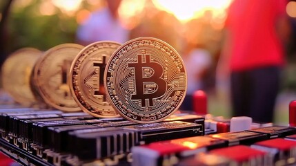 Golden bitcoin cryptocurrency coins on tech hardware