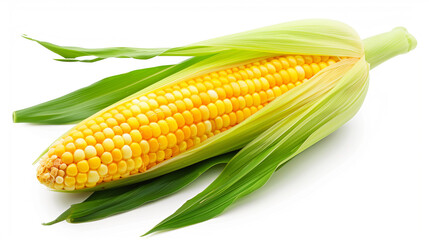 A yellow corn ear with green leaves. The corn is fresh and ready to be eaten. The bright yellow color of the corn contrasts with the green leaves, making it a visually appealing and appetizing image