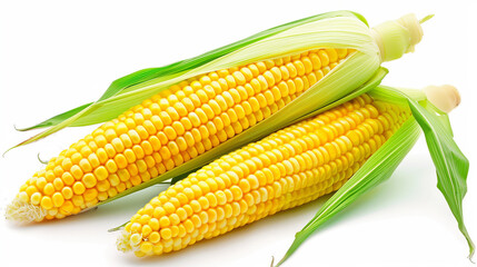 A yellow corn ear with green leaves. The corn is fresh and ready to be eaten. The bright yellow color of the corn contrasts with the green leaves, making it a visually appealing and appetizing image