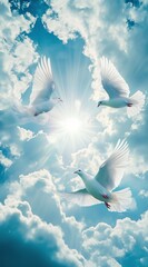 Three white doves soaring through radiant clouds, ideal for memorial designs, peace-themed visuals, spiritual content, or inspirational posters