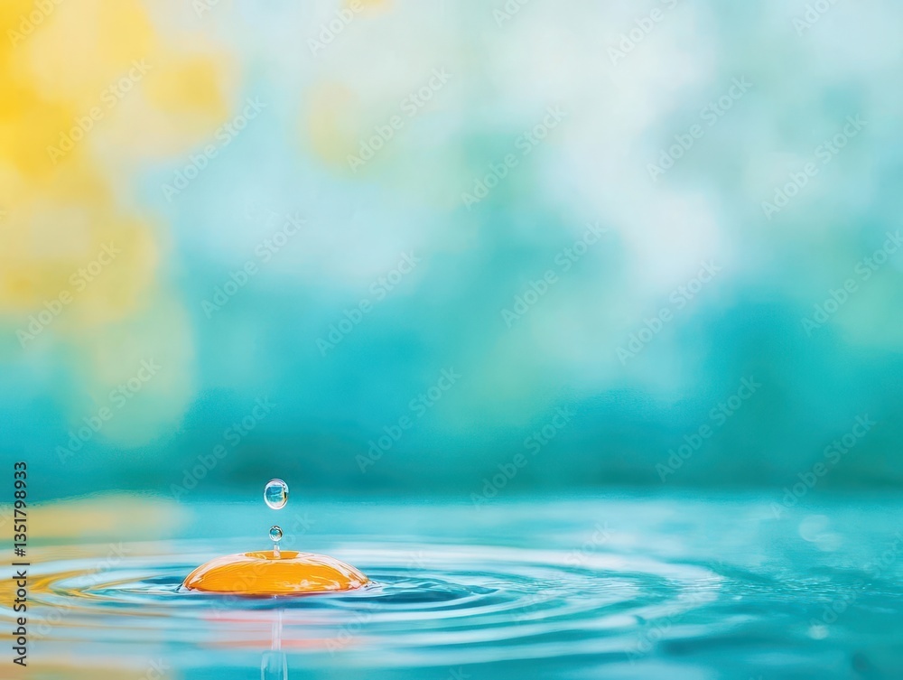 Poster close-up image of a single drop of water glimmering and reflecting light on a natural surface with p