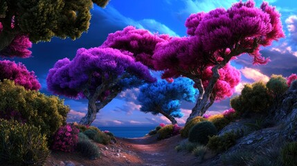 A vibrant landscape featuring colorful trees along a serene path leading to the ocean at sunset