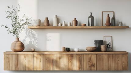 Wooden cabinet on an empty white wall natural decor elements like vases and plants on top wooden shelves above layered with minimalist decor items. 