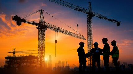Construction Workers Silhouetted Against Sunset