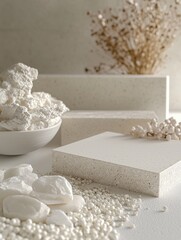 Minimal stone still life with raw crystals and sculptural blocks in soft neutral interior light for wellness, interior design, and branding
