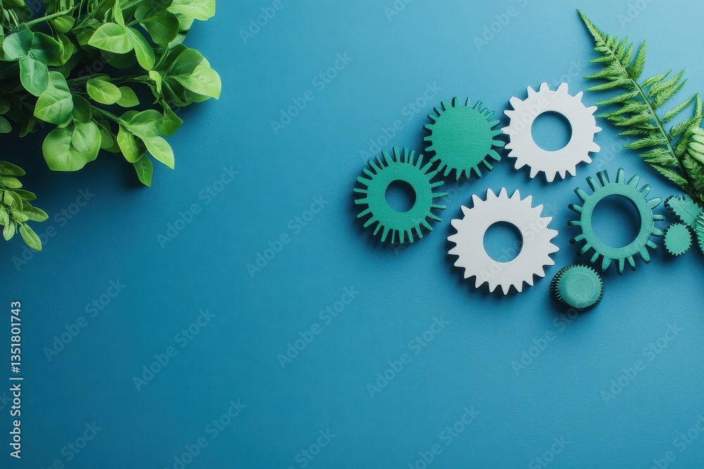 Poster green plant and white cog on a striking blue background symbolizing the fusion of nature and mechani
