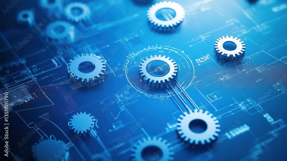 Leinwandbilder abstract design featuring gears on a blue background representing mechanical elements in a modern ae