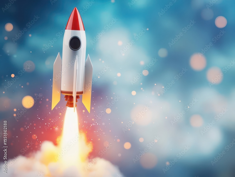 Poster Abstract rocket launching into the clear blue sky with smoke trails creating a dynamic visual impact of motion