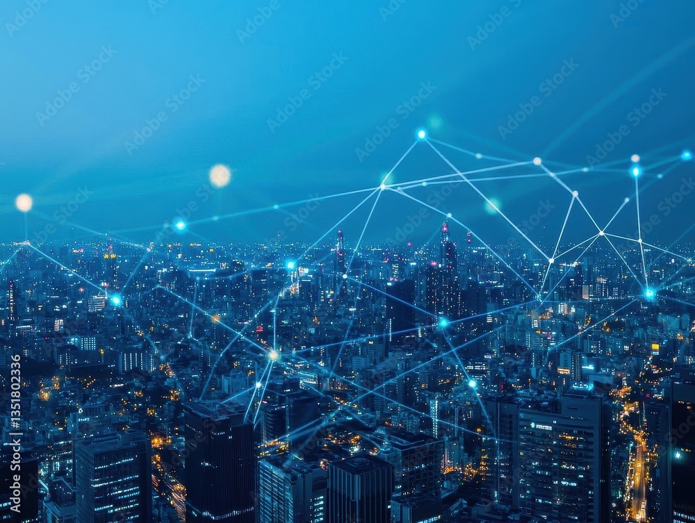 Aufkleber aerial view of a city at night with connected lines illustrating a network of technology and urban c