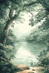 Fototapeta premium Serene Natural Landscape with Lush Green Trees and Calm Water
