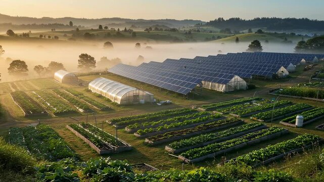 Sustainable farm with solar panels, greenhouses and rows of crops lit by early morning sunlight, misty hills and open fields in background  