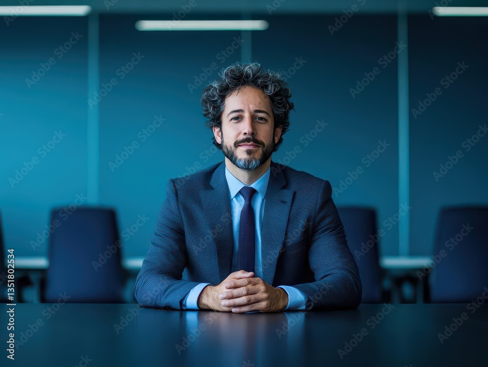Poster ambitious businessman in a tailored suit sitting at a table focused on his work in a professional en