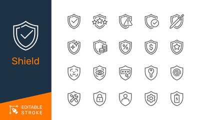 Shield thin line icons. Editable stroke. Pixel perfect.