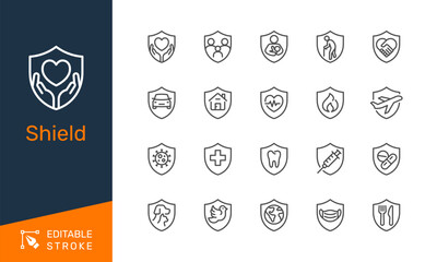 Shield thin line icons. Editable stroke. Pixel perfect.