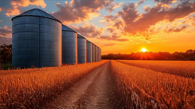Silos in a wheat field at sunset. Agriculture and farming concept