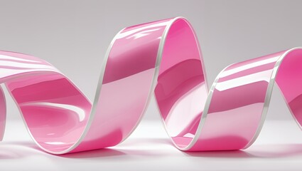 Glossy pink ribbon curling on a gradient white background with a thin silver outline
