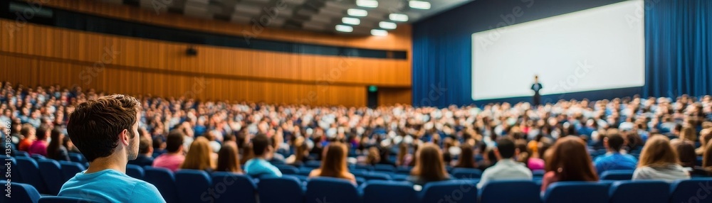 Poster Engaged audience attentively watching male speaker in lecture hall with large screen displaying informative content