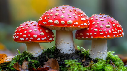 Obraz premium Three striking red fly agaric mushrooms with white spots stand together on the forest floor, surrounded by green moss and fallen leaves during a beautiful autumn day