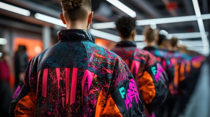 Obraz premium Group of individuals in vibrant jackets walking through a modern indoor space, showcasing style