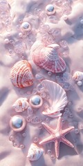 Pastel seashells and pearls on soft sand representing ocean beauty, luxury summer mood, serenity and elegant coastal lifestyle