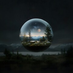 Night sky, moonlit lake, encased miniature landscape, surreal sphere, digital art