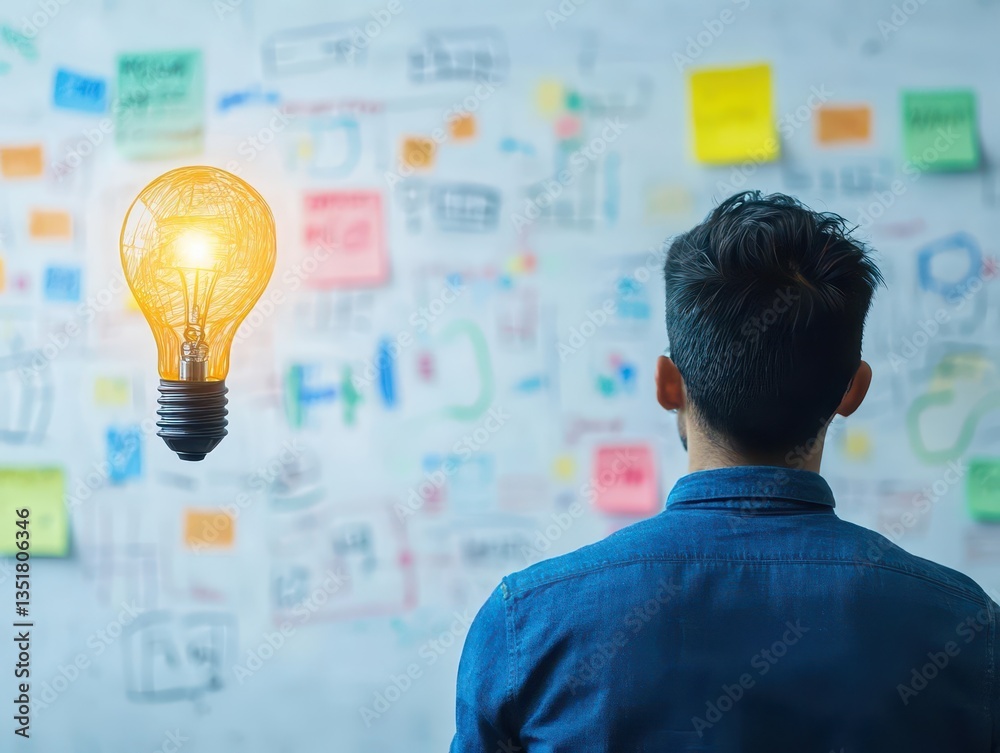 Poster Entrepreneur deep in thought while looking at a light bulb symbolizing creativity and innovative ideas for business