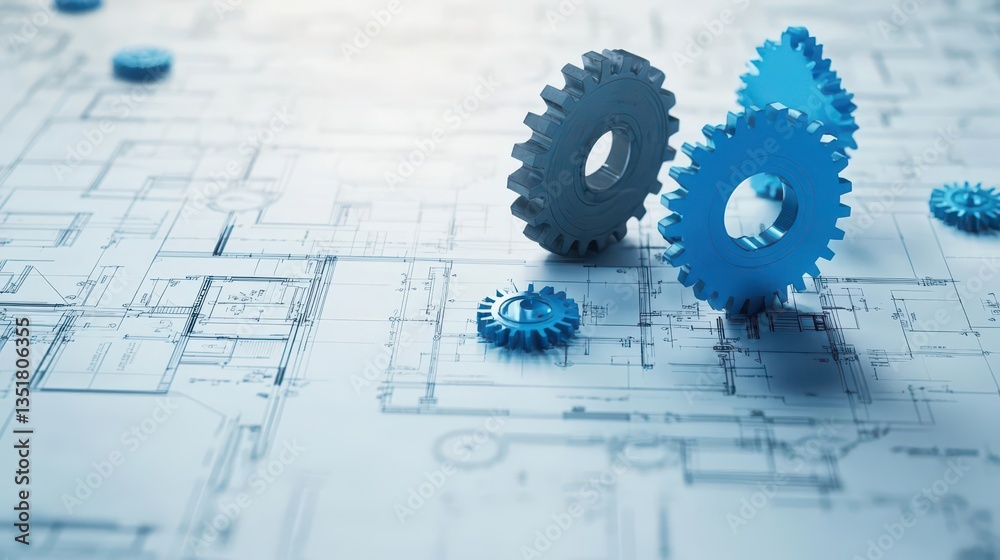 Poster Two gears positioned on a detailed blueprint representing engineering design and technical planning for projects