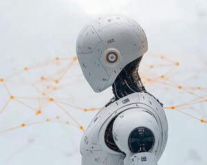 Futuristic Robot for Networked, White Background.