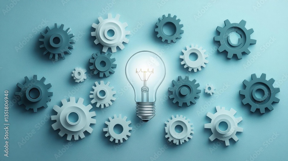 Poster Illuminated light bulb surrounded by intricate cog gears representing ideas innovation and mechanical engineering