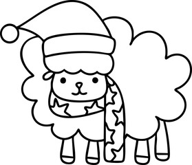 Christmas sheep, line drawing, hand drawn