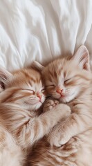 Two adorable kittens sleeping together in soft bed representing warmth, love, comfort, innocence and cozy peaceful home lifestyle