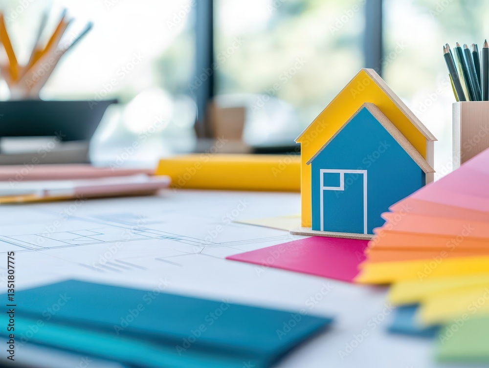 Poster detailed house model displayed on a desk in an interior designer's creative workspace setting with t