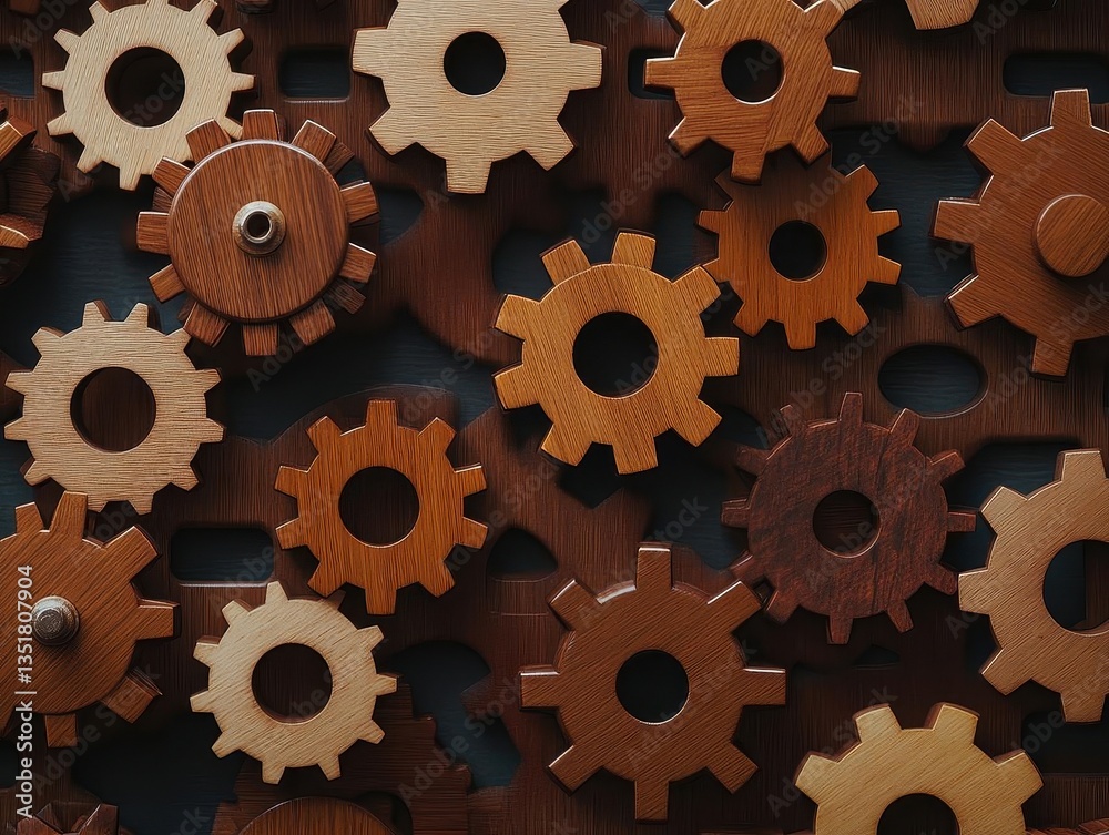 Poster Beautifully crafted wooden gears arranged in a complex pattern showcasing intricacy and engineering design
