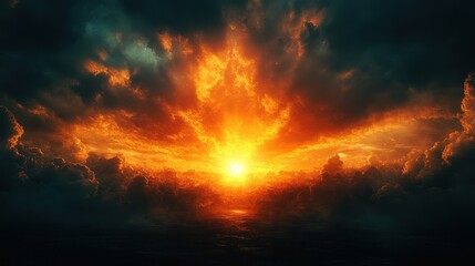 A Brilliant Fiery Sunset Reflected Over Peaceful Water