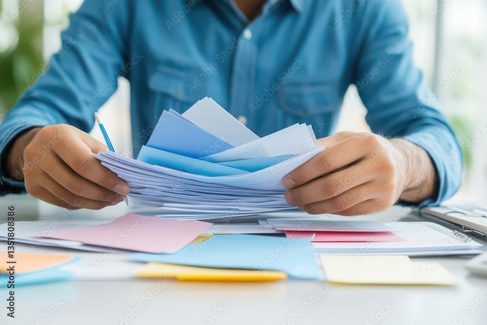 Poster Person holding a stack of papers in a busy office setting indicating workload and responsibilities