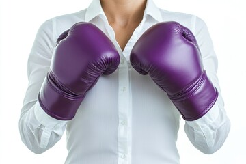 Businesswoman wearing purple boxing gloves, ready for a challenge.