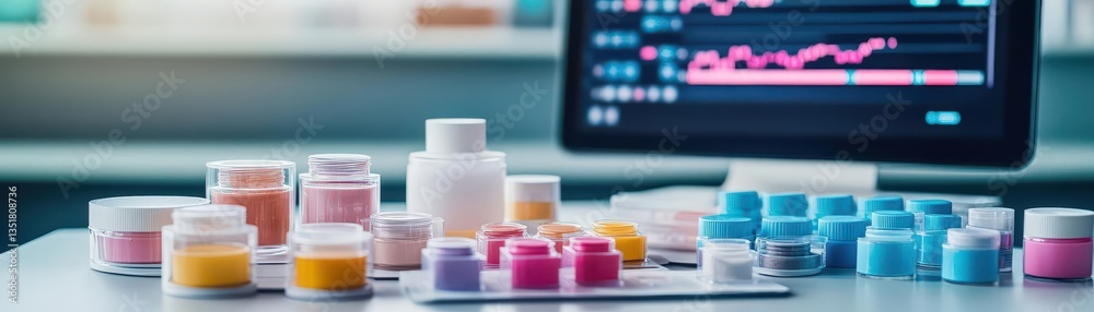 Aufkleber table filled with various test tubes and vials in an organized workspace for scientific research and