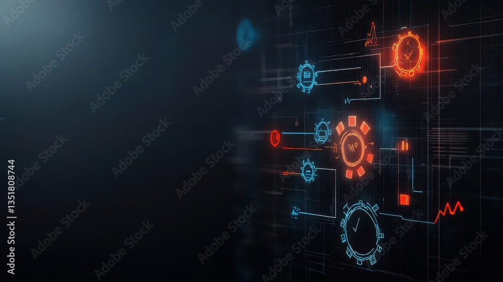 Poster Dark background featuring digital interface with glowing red and blue icon representing business process and technology