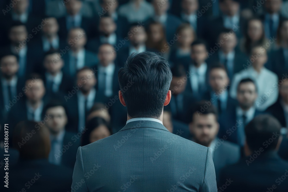 Poster Man in formal suit facing crowd at event demonstrating leadership and charisma while engaging audience with speech