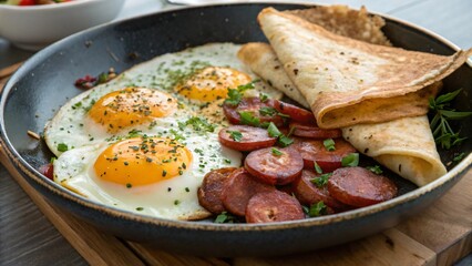 Savory Breakfast Plate with Sunny-Side-Up Eggs, Sausages, Crepes, and Herb Garnish