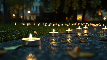 Evening scene with lit candles on a wet pathway surrounded by fallen leaves and soft lighting