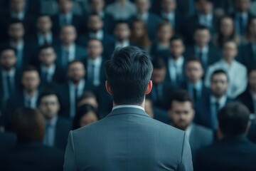 Man in formal suit facing crowd at event demonstrating leadership and charisma while engaging audience with speech