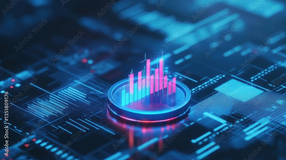 Poster Data visualization with a blue and red bar chart overlaid on a circuit board background representing technology analytics