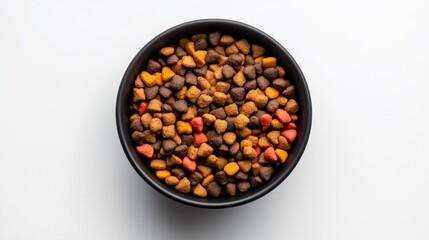 A top-down studio shot of a black bowl filled with dog food of various colors on white background